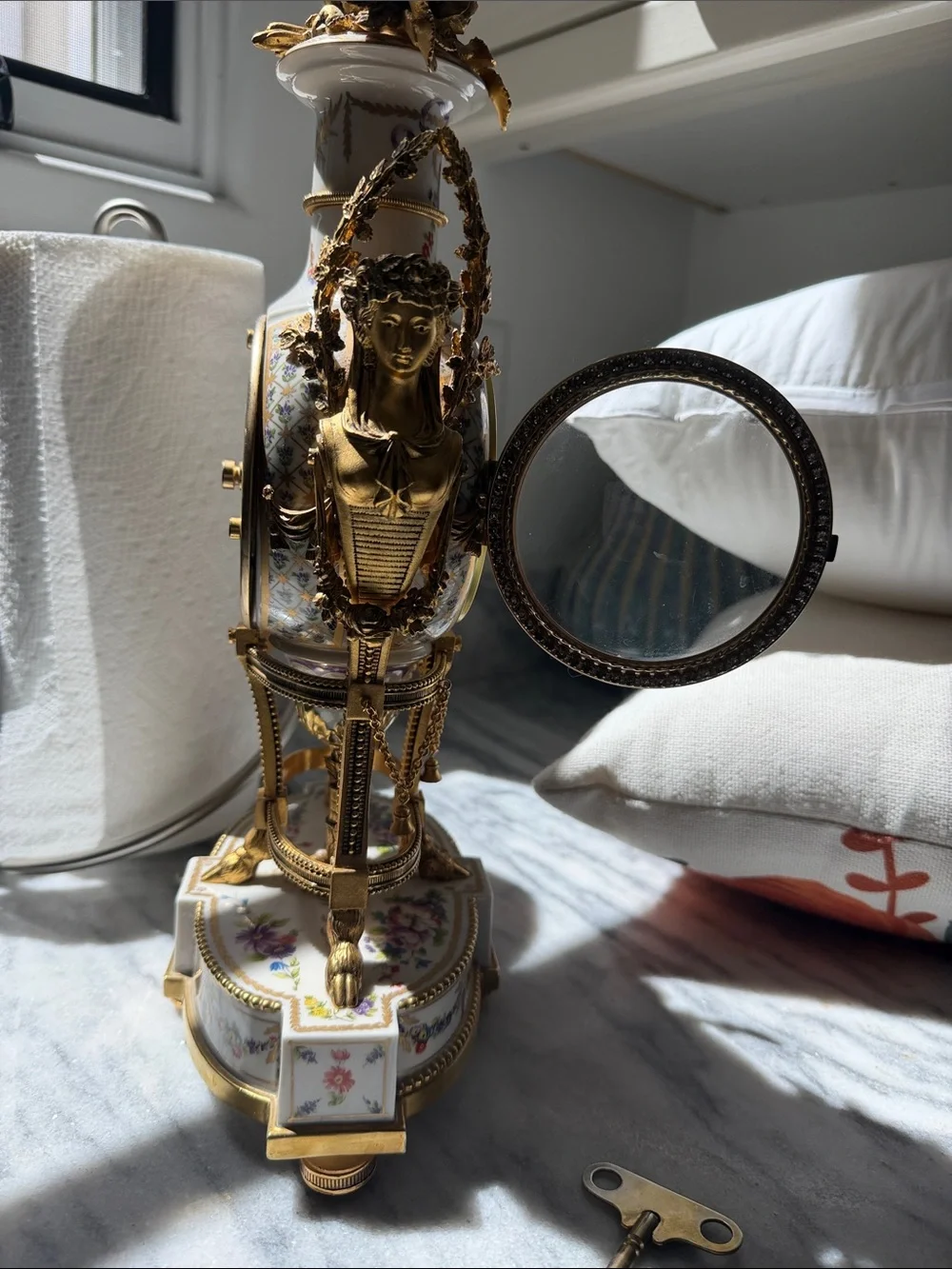 Marie Antoinette Ornate Gold and White Floral Mantel Clock by